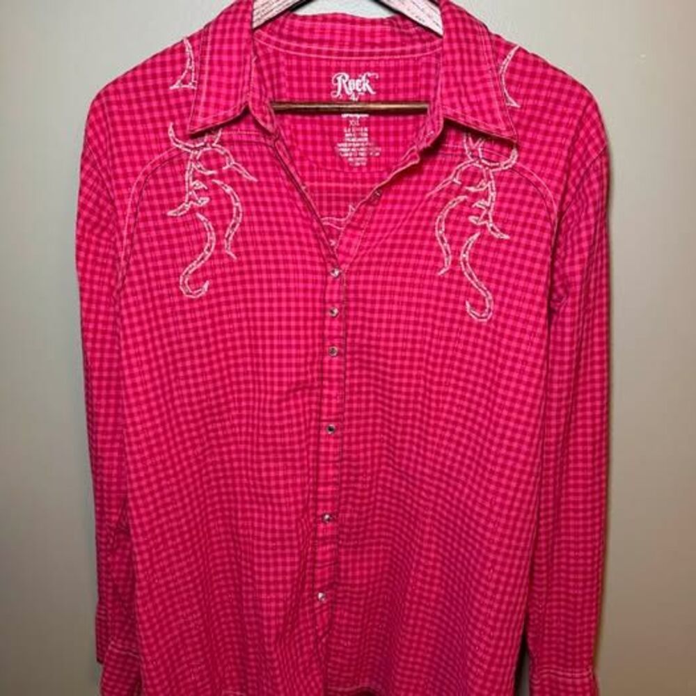 Rock 47 by Wrangler Pink Gingham Western Snap Shirt XXL